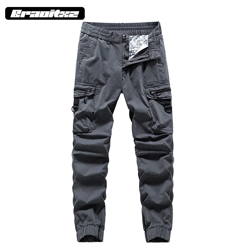 

New Men Outdoor Fashion Pure Cotton Sogging Tactical Pants Elastic Cargo Pants Men Casual Loose Multiple Pocket Cargo Pants Men