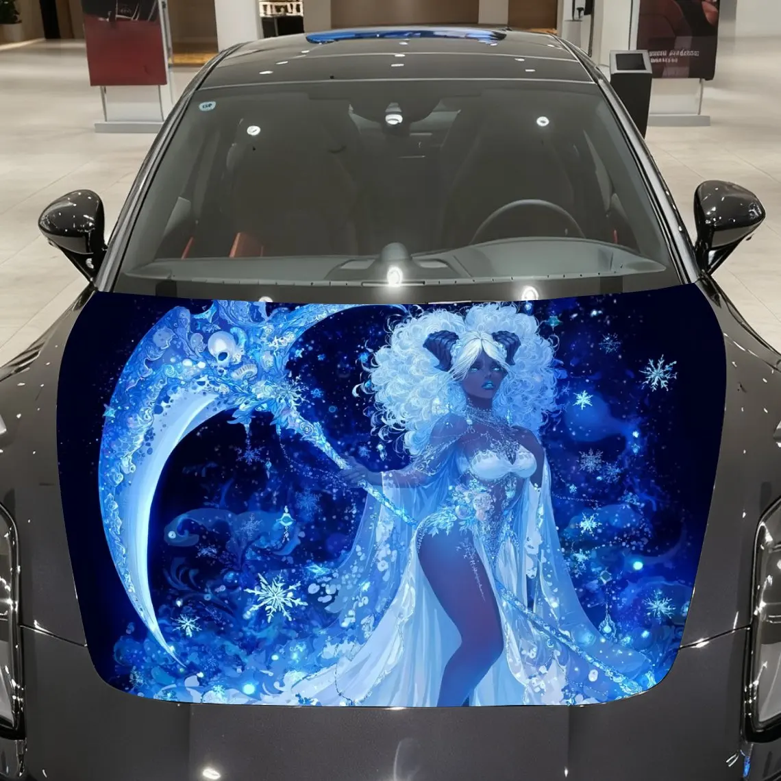 

Ice - Snow Horned Woman Holding Skull Sickle Car Vinyl Wrap, PVC Material Waterproof Car Hood Sticker, Self-Adhesive Scratch-Res