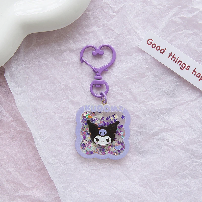 kawaii Sanrio Kuromi Hello Kitty Keychain Car Keyring Cute Cinnamoroll Quicksand Sequins Luminous Portable Pendant Accessories