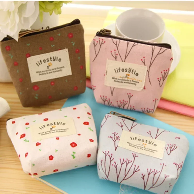 Fashion Flower Pattern Coin Purses Small Fresh Canvas Coin Wallet Lady Girls Earphone Coin Key Money Storage Bag Zipper Pouch