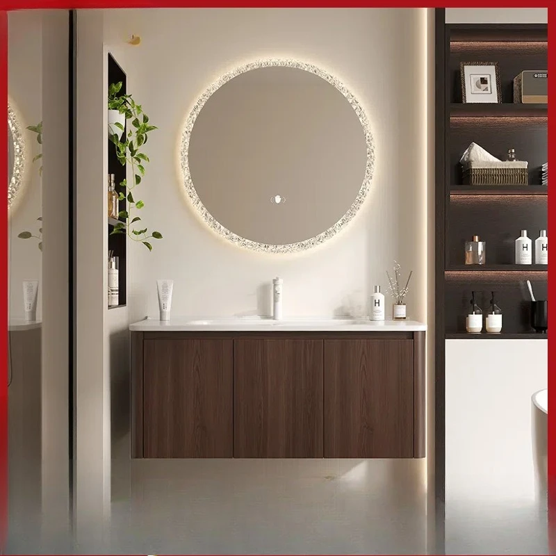 Walnut honeycomb aluminum bathroom cabinet ceramic integrated basin arc rounded corner wash basin cabinet combination