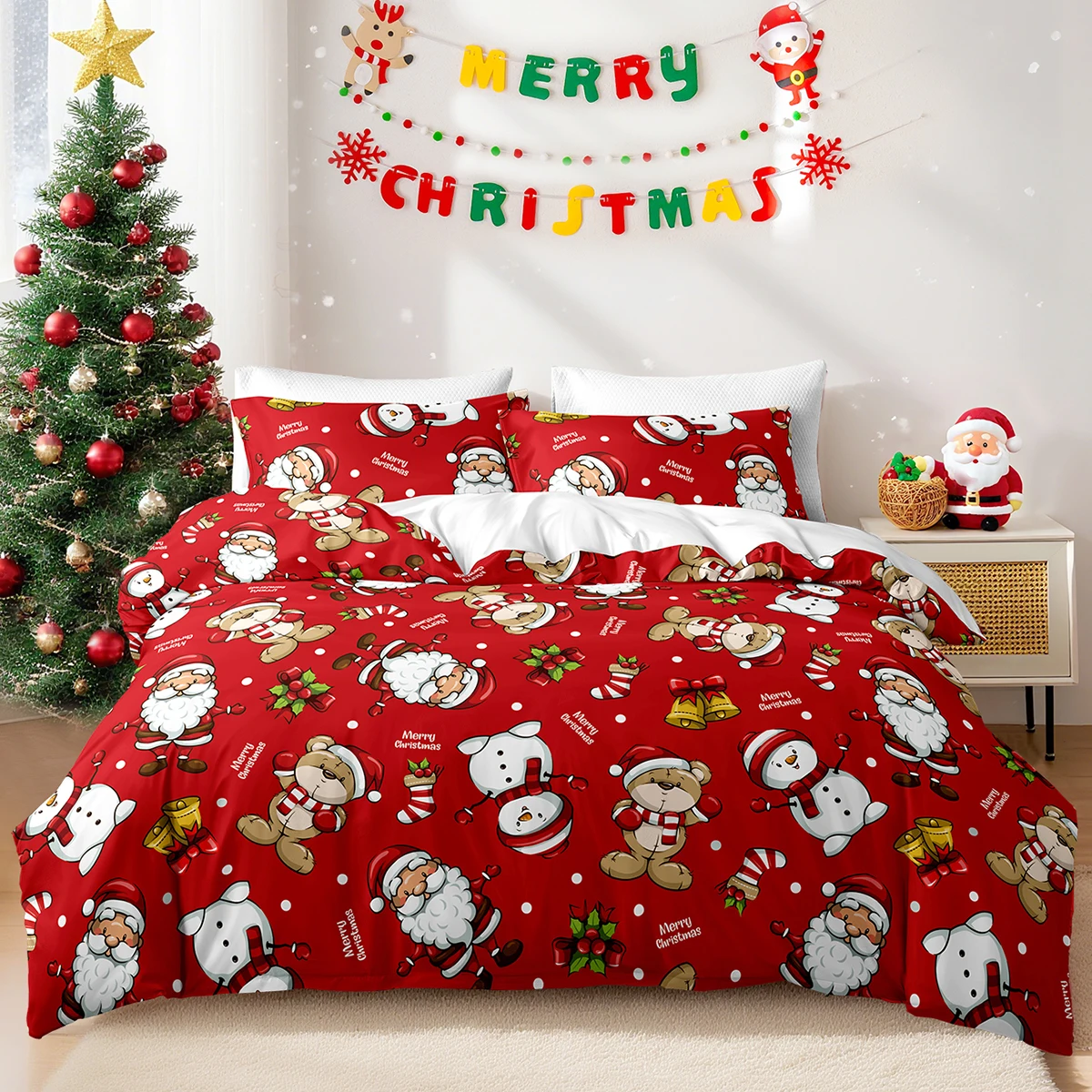 3pcs/set Christmas Reindeer Snowman Bedding Set Includes 1 Duvet Cover And 2 Pillowcases Soft And Skin-Friendly