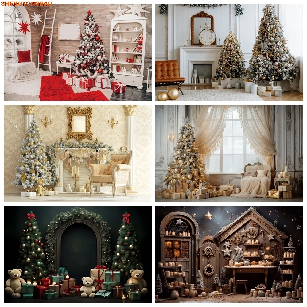 

Christmas Background Interior Room Xmas Tree Fireplace Gifts Window Baby Portrait Photography Backdrop Wall Decor Photo Studio
