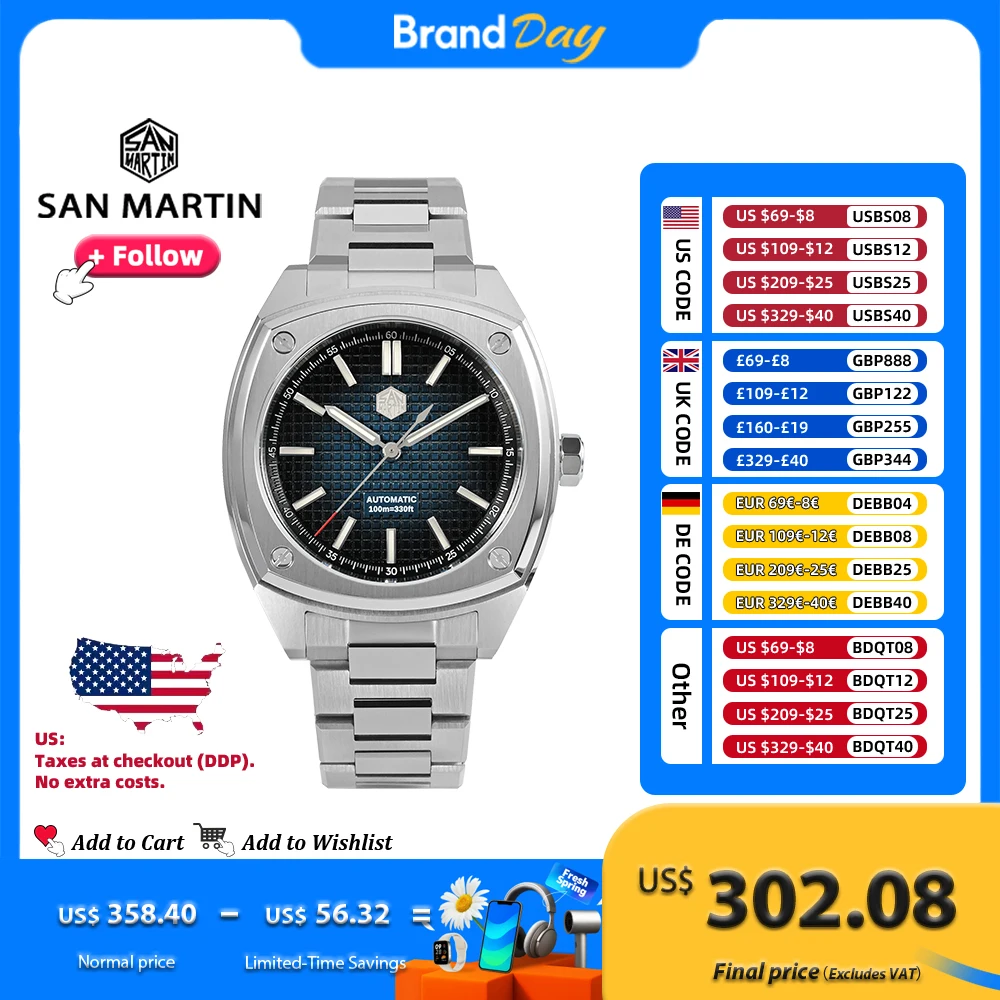

San Martin оригинальный дизайн 39,5 мм Роскошные спортивные мужские часы PT5000 Автоматические механические часы из нержавеющей стали Водонепроницаемые SN0026