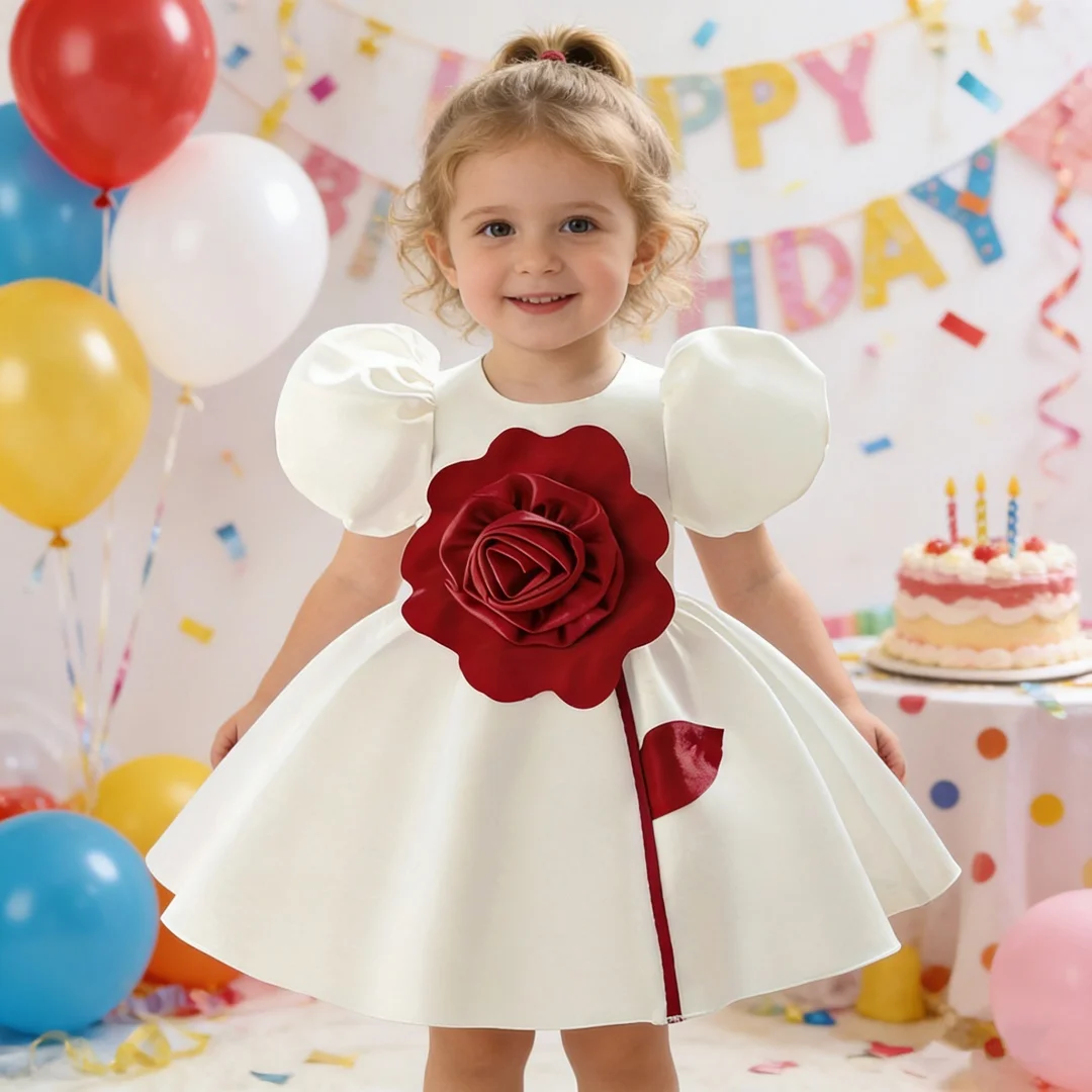 0-3Y Toddler Girl Summer Dress Short Puff Sleeve Round Neck 3D Floral A Line Dress Princess Gown Party Dresses