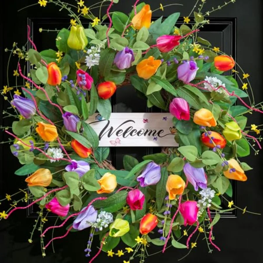 

Spring Summer Wreaths for Front Door 24 Inch Tulip Spring Summer Wreath with Welcome Sign Artificial Floral Spring Door Wreath