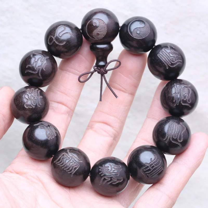 Natural Ebony Wood Carved Cross The Nine-character Mantra Gossip Bracelet Men's 20mm Buddha Beads Praying Bless Lucky HandString