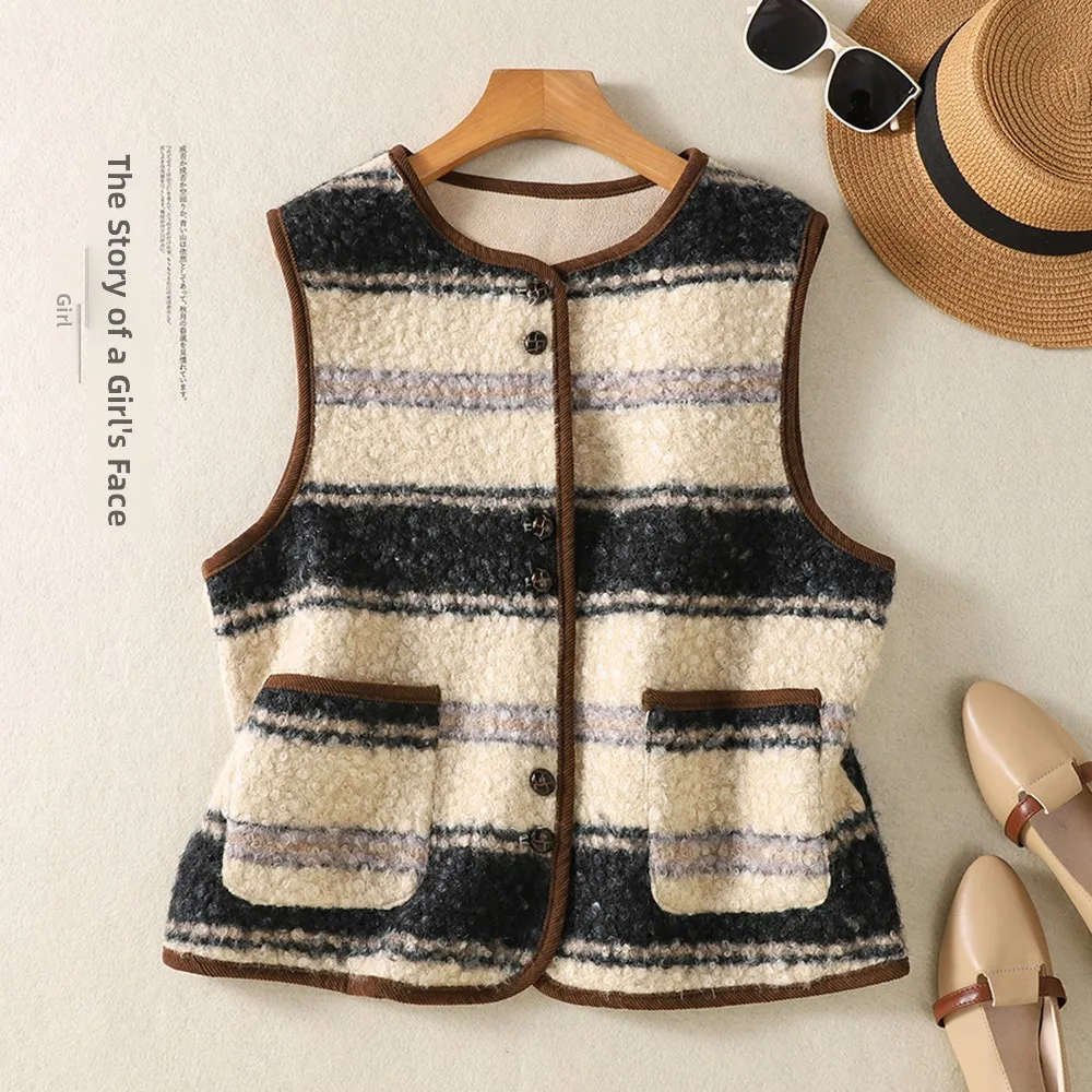 Korean Style Striped Women's Vest Jacket Outerwear Autumn Winter New Model Layering Top Match All Styles Single Button Closure