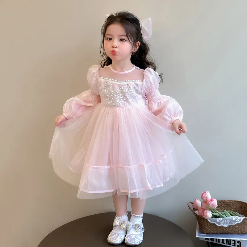 Girls Long-sleeved Mesh Dress 2025 Little Girl Pearl Butterfly Fluffy Princess Dress Baby Birthday Dress Fashion