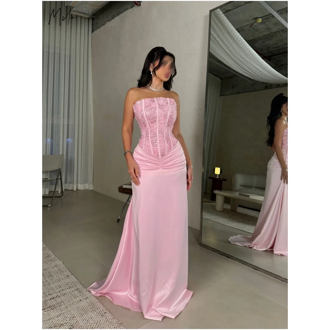 

Mila Blush Strapless Sequin Corset Satin Prom Dresses Mermaid Train Gown Customized Formal Evening Elegant vestidos de gala 2025