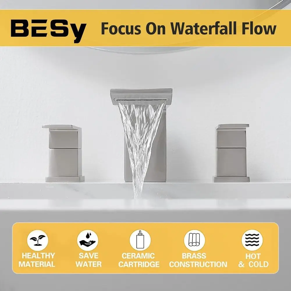 8 صنابير حوض حمام مربعة الشكل ذات 3 فتحات مع مقبضين وصرف منبثق من النيكل المصقول