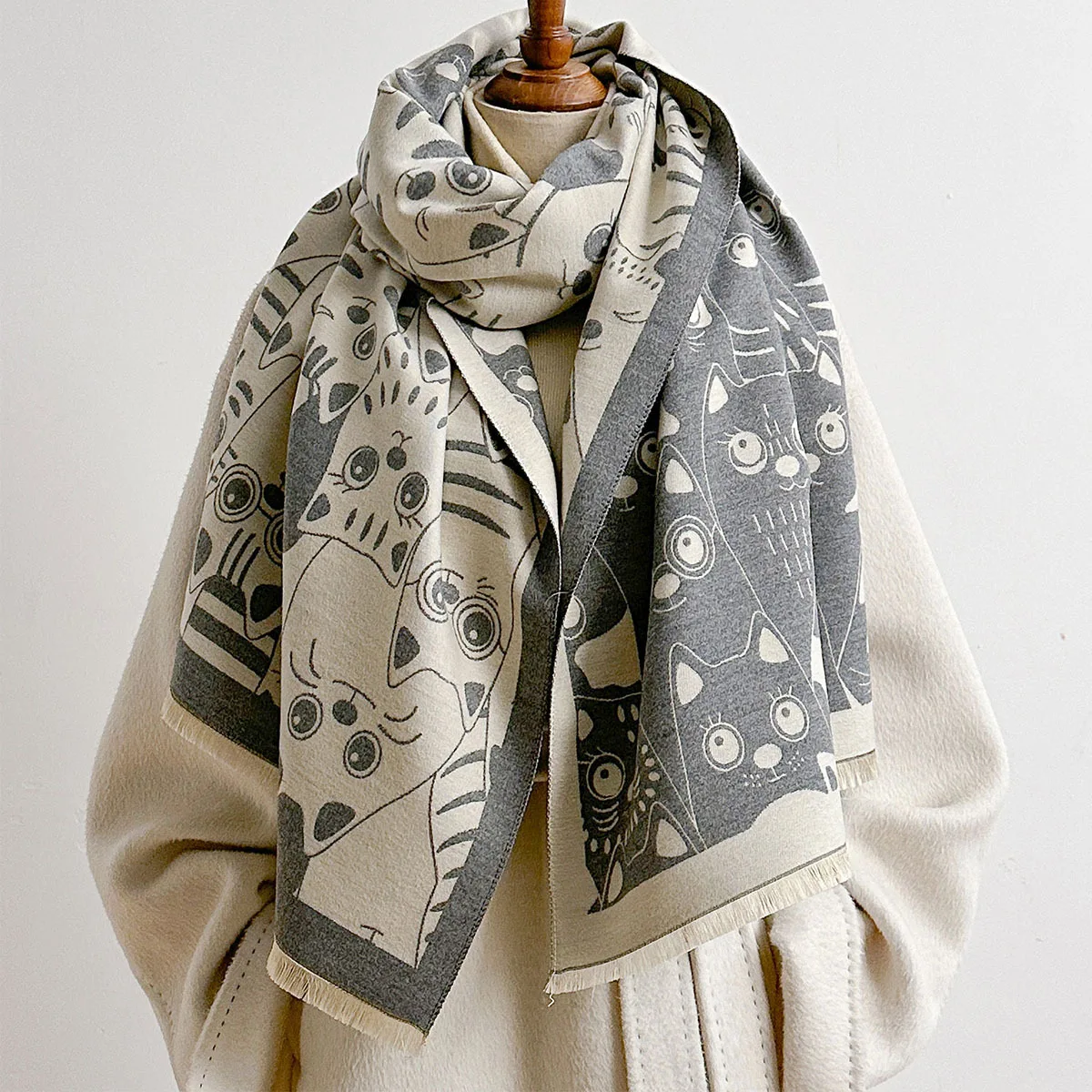 Scarf Women Full Cat Pattern Jacquard Shawl Winter Fall Neck Warmer Wool Blend Wrap Cartoon Kitten Imitation Cashmere Scarves