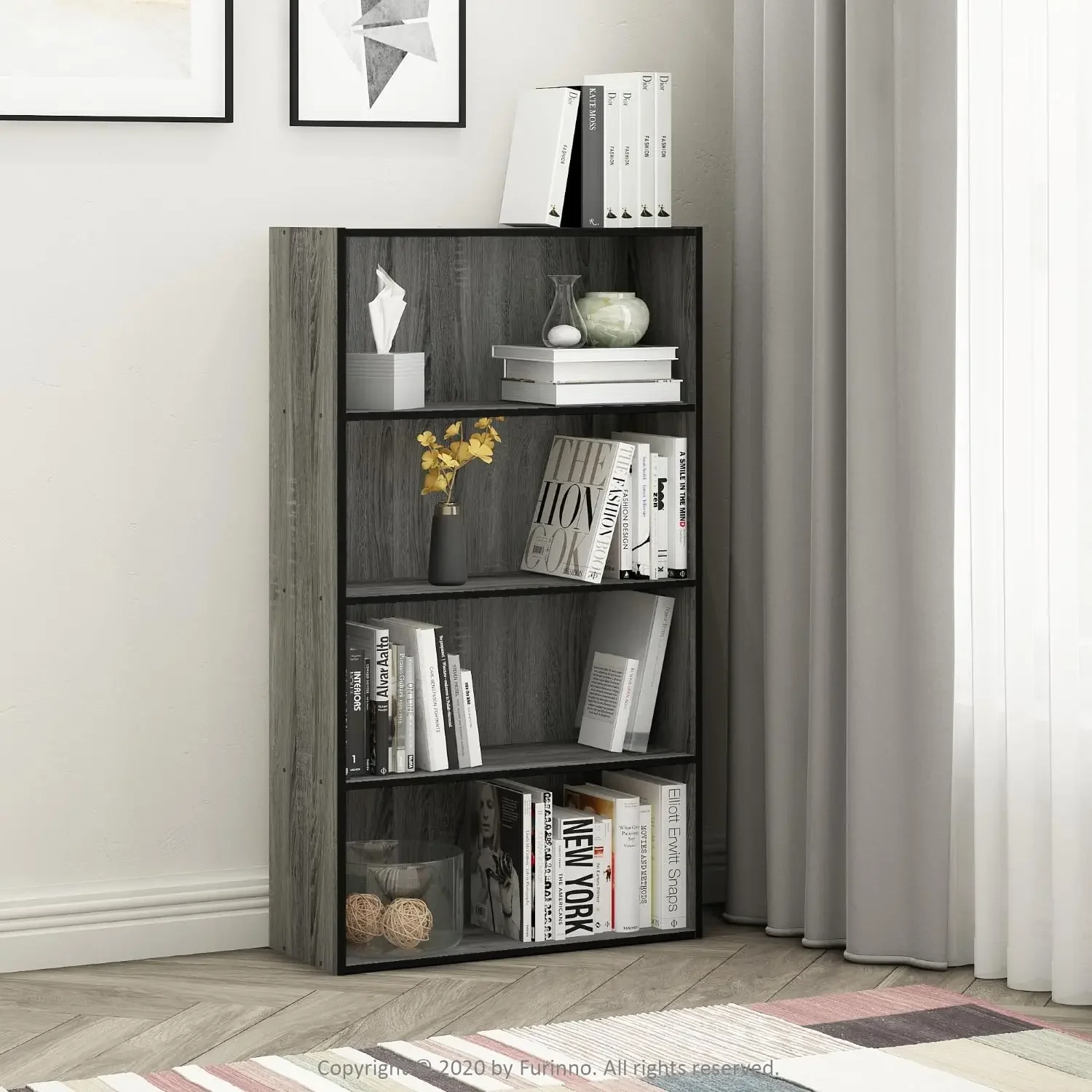 Furinno Pasir 4 Tier Open Shelf, French Oak Grey