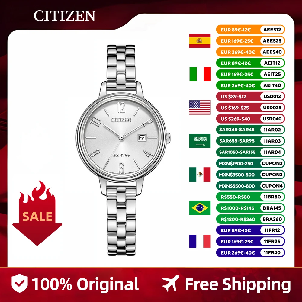 Reloj Original CITIZEN para mujer, reloj informal de negocios a la moda con banda de acero Eco-Drive EW2440-53A