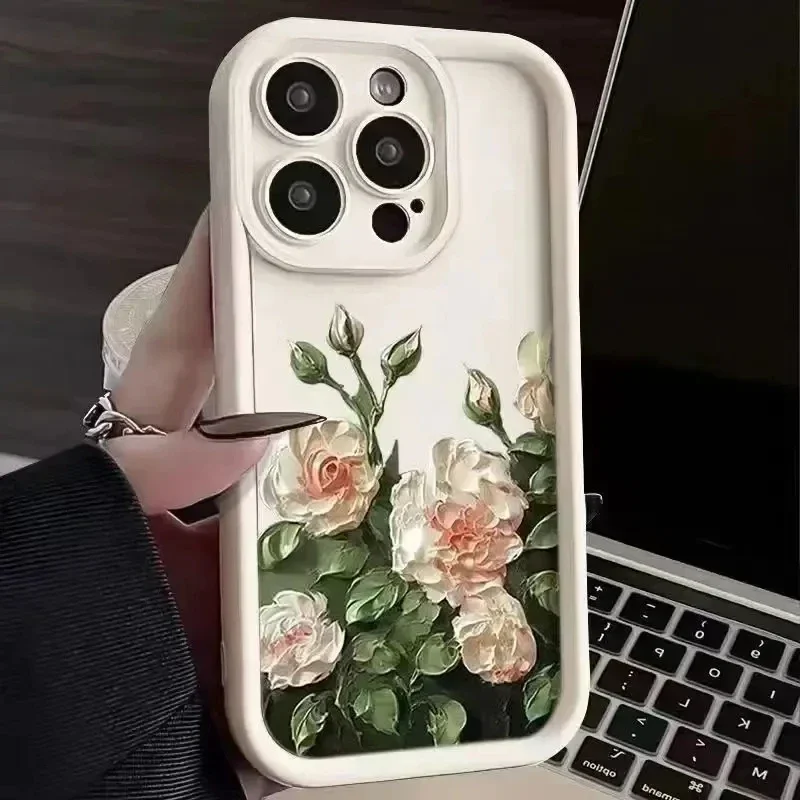 Oil Painting White Rose Flower Silicone Phone Case For iPhone 14 Pro Max 11 12 13 15 Pro X XR XS Max 7 8 Plus SE 2020 Cover