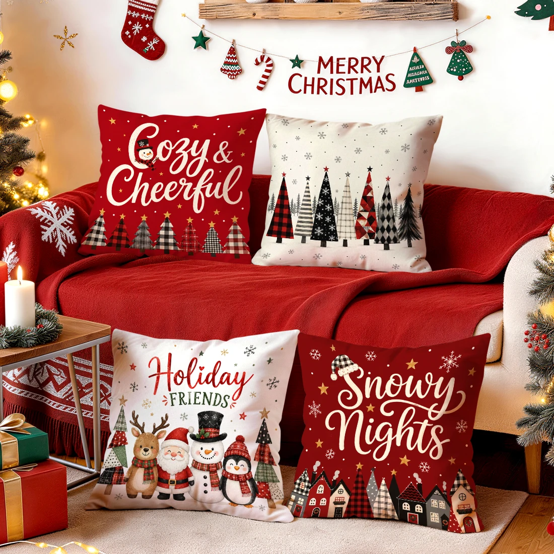 1/4pcs Santa, Penguin, Snowman Cushions Pillowcase Polyester Cushion Cover Throw Pillow Pillowcover Home Car Sofa Decor