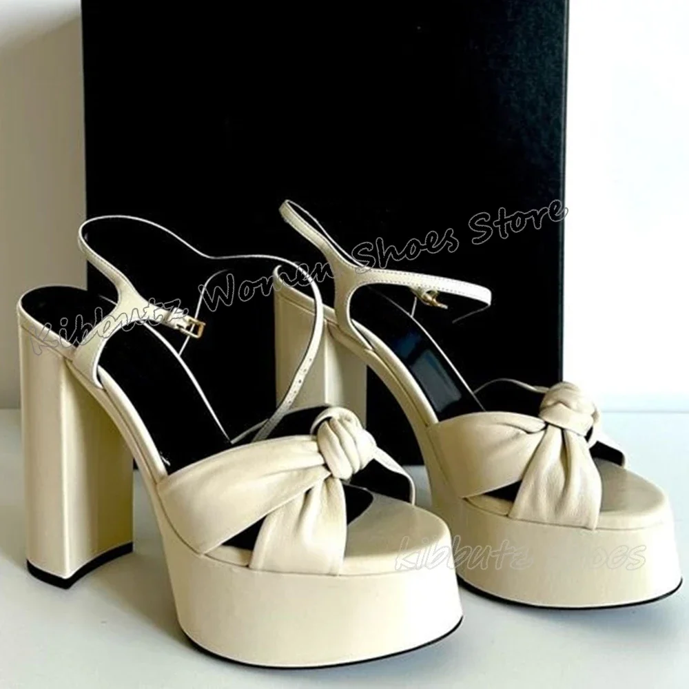 

Knots Sandals Platform Leather Solid Color Fashion Elegant Concise Sexy Summer Women Party Dress Wedding Shoes Round Toe Heels