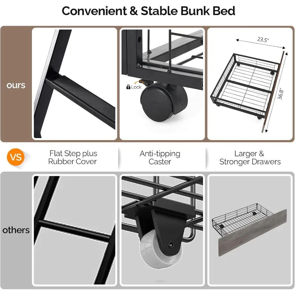 VINGLI Bunk Bed Twin Over Full Size with 2 Storage Drawers/Flat Rungs/Inclined Ladder, Heavy Duty Metal Slat Support, No Box Spr