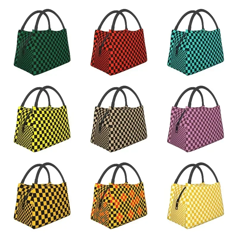 

Black Cadmium Green Checkerboard Lunch Box Women Checkered Thermal Cooler Food Insulated Lunch Bag Office Work Pinic Container