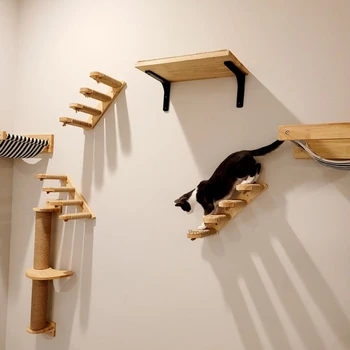 Wall Mounted Cat Climbing Shelves House Cat Tree Hammock Bed with Scratching Post and Peda