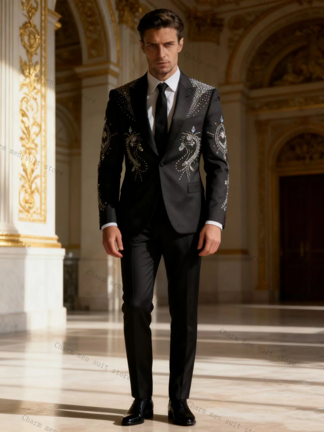 

Black Business Men Suits Set 2 Pcs Crystals Blazer+Pants Trousers Cotton Wedding Tuxedo Formal Office Business Groom Jacket Coat