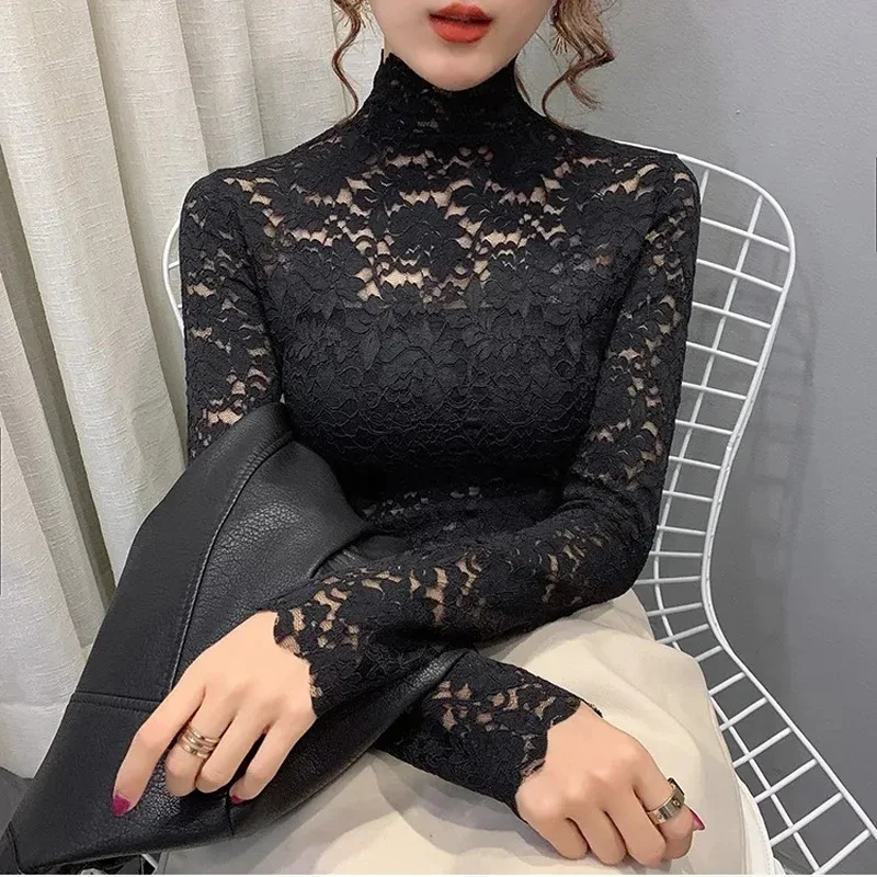 Lace Turtleneck Long Sleeve T-Shirt Female Thin Black See Through Rose Solid Blouses Tulle Gauze Fall Clothes Tops Women