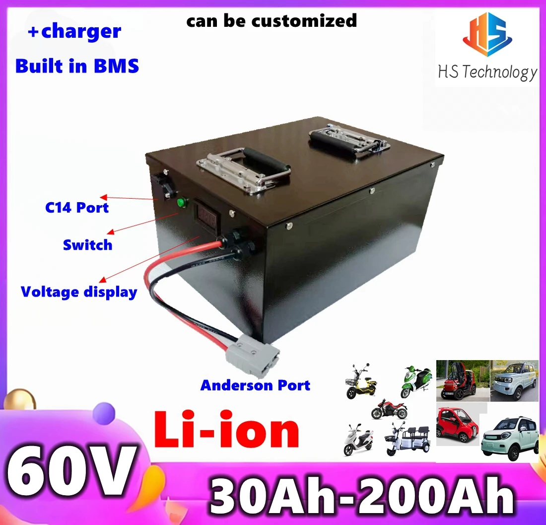 

HS 60V Lithium ion 200Ah 180Ah 150Ah 100Ah 60Ah 50Ah for Electric Scooters Motorcycles Tricycles Sightseeing Vehicle Forklift,EV