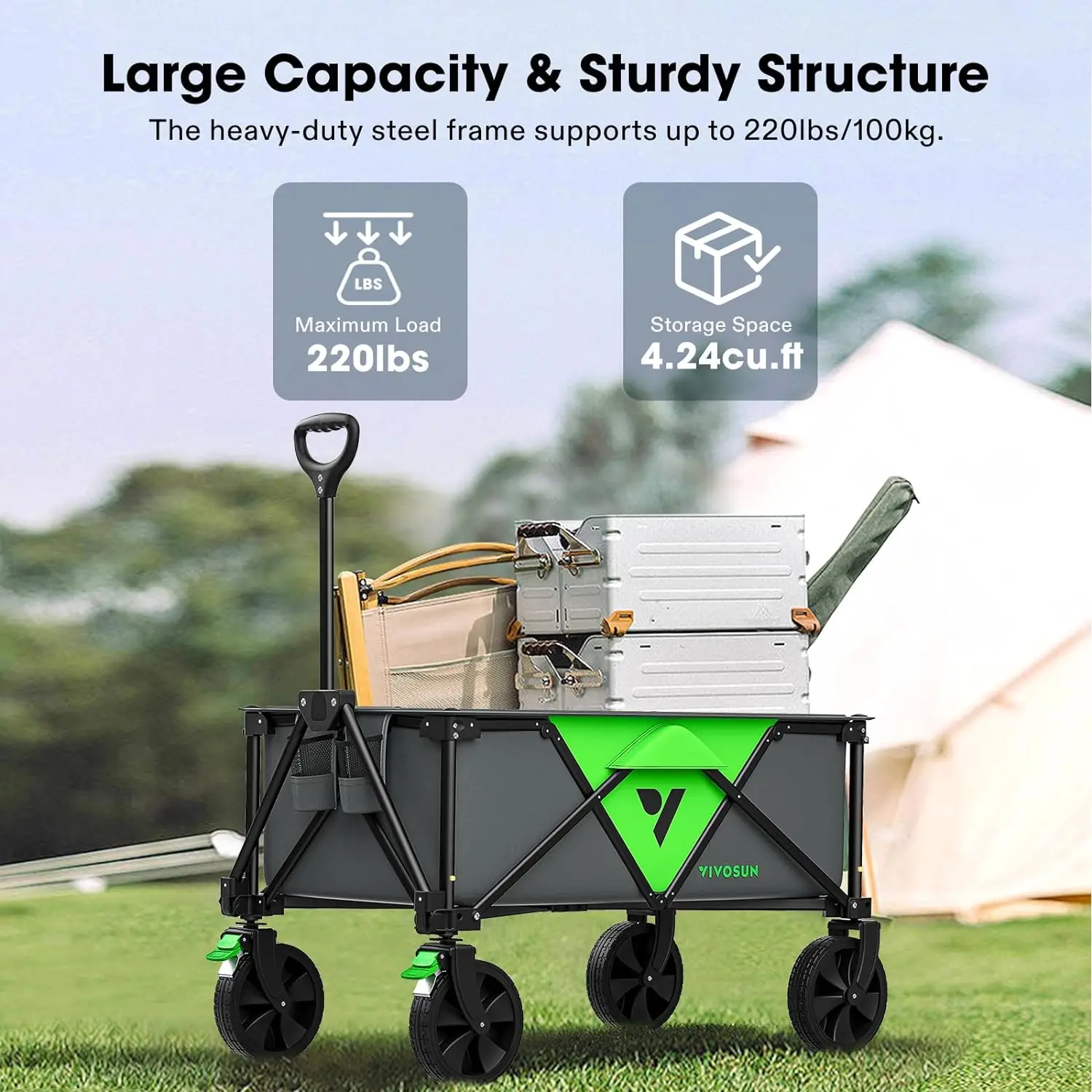 Collapsible Folding Wagon, Outdoor Utility with Silent Universal Wheels, Cup Holders & Side Pockets, Adjustable Handle,