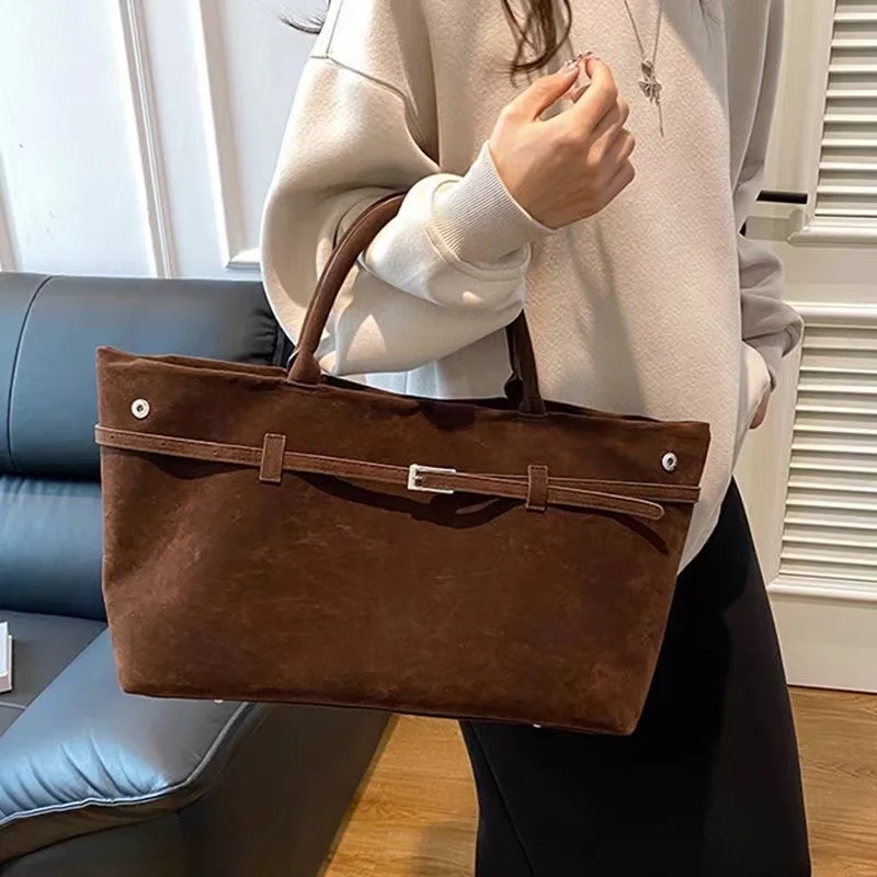 Bolsos grandes de gamuza sintética para mujer, bolsos de hombro femeninos de diseñador, bolsos casuales Vintage de estilo inglés, paquetes de dama elegantes sólidos