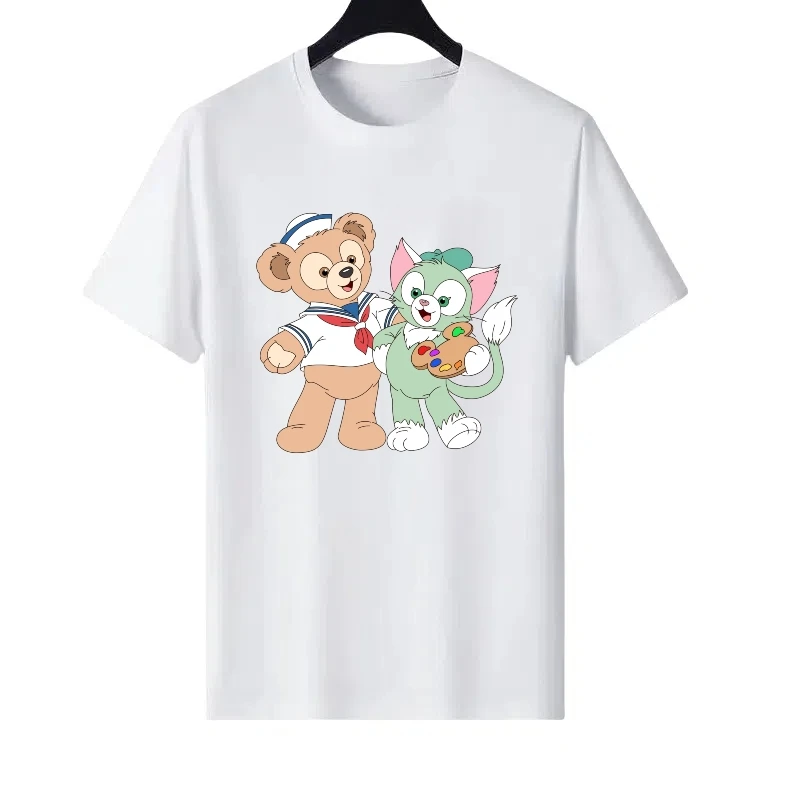 

Disney Duffy Bear Pattern Woman Casual Round Neck Parent-child Clothing Tops Ladies Cheap Short Sleeves T-Shirt Men Sweatshirts