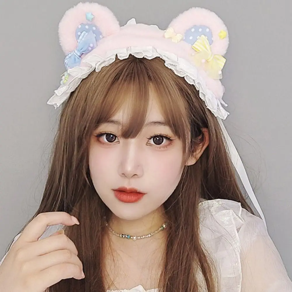 Funny Bow Cat Ears Headband Furry Plush Bear Ear Hair Band Headwear Polka Dot Lolita Bandeau Lolita Accessories