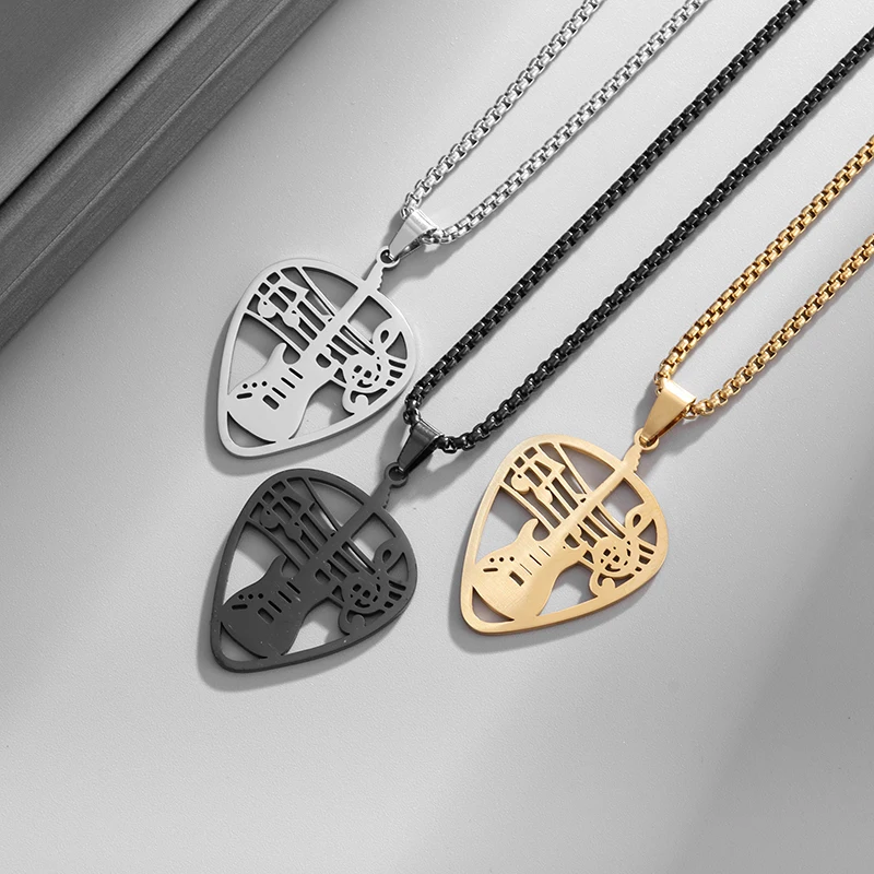 Rock Guitar Pick Bass Note Pendant Stainless Steel Necklace for Men Women Music Lovers Punk Hip Hop Party Jewelry