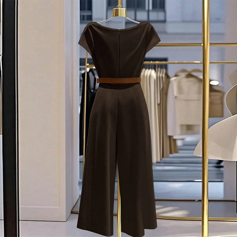 Macacão elegante de cetim com gola com babados e calças largas para mulheres