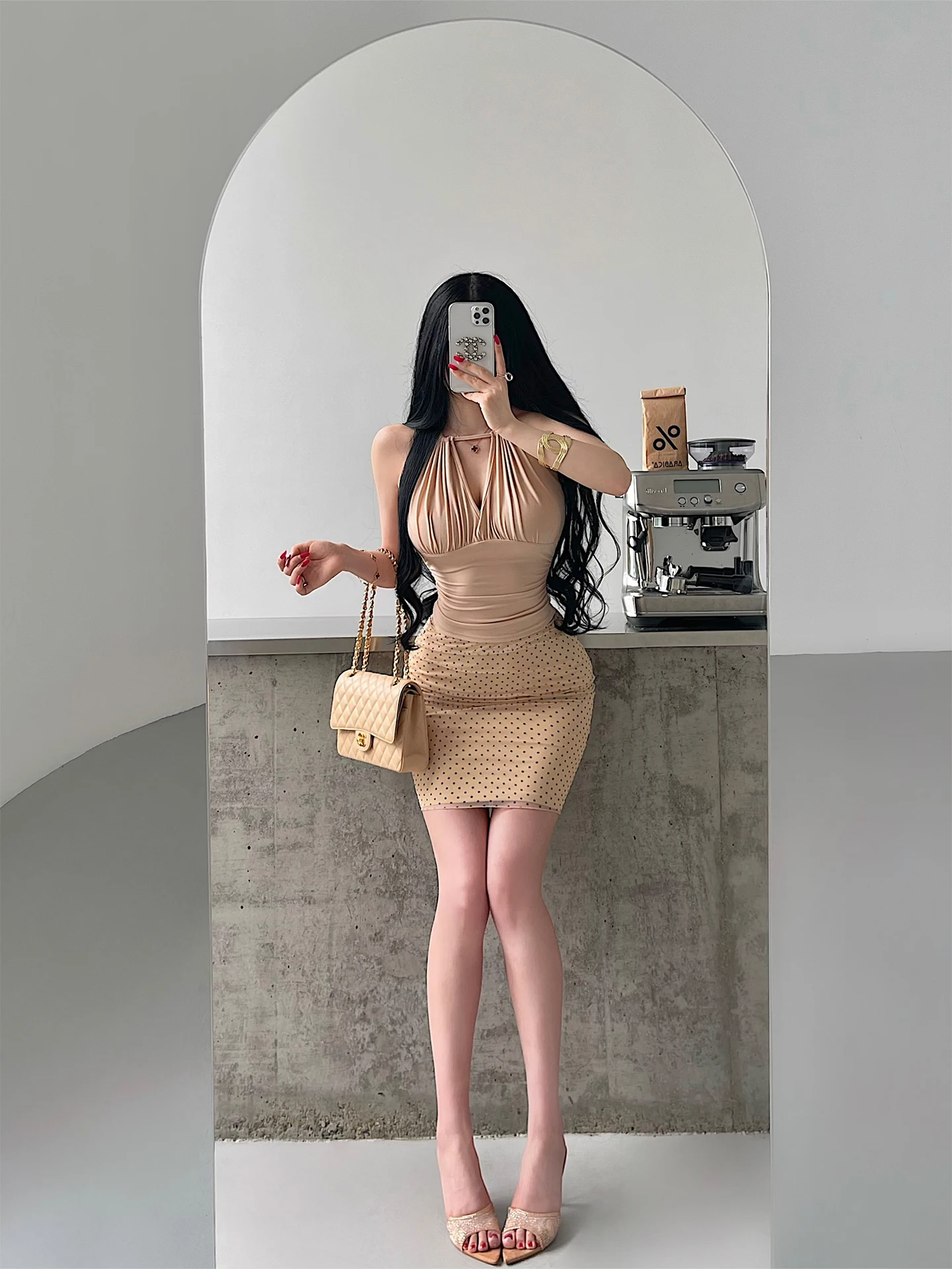 Korean Style High Waist Polka Dot Velvet Mesh Half Skirt Sexy Slimming Mid-Length Bodycon Skirt for Young Girls