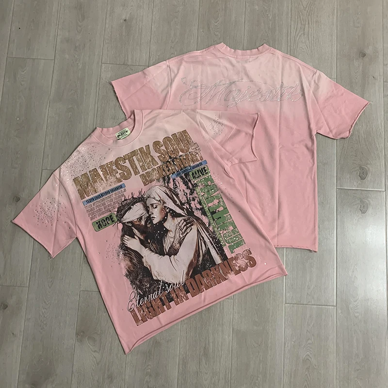 American Streetwear Majestik T-Shirt Streetwear Brand Rhinestone Figure Letter Washed Distressed Men Women Short Sleeve Tee
