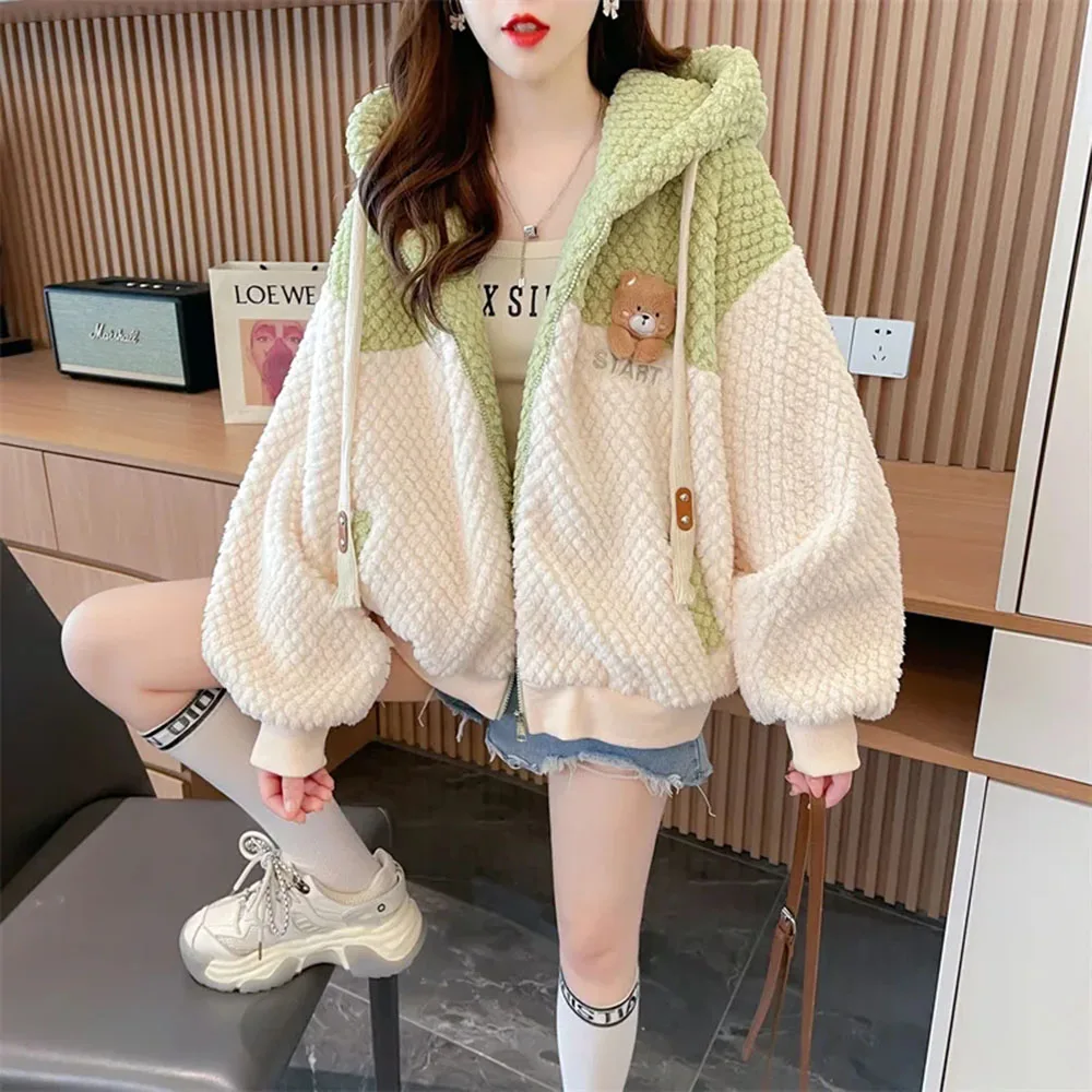 Autumn Winter Lamb Wool Cute Sweatshirts Coat Women\'s Trend Thicken Loose Hooded Jacket Female Cartoon Bear Casual Hoodies Tops