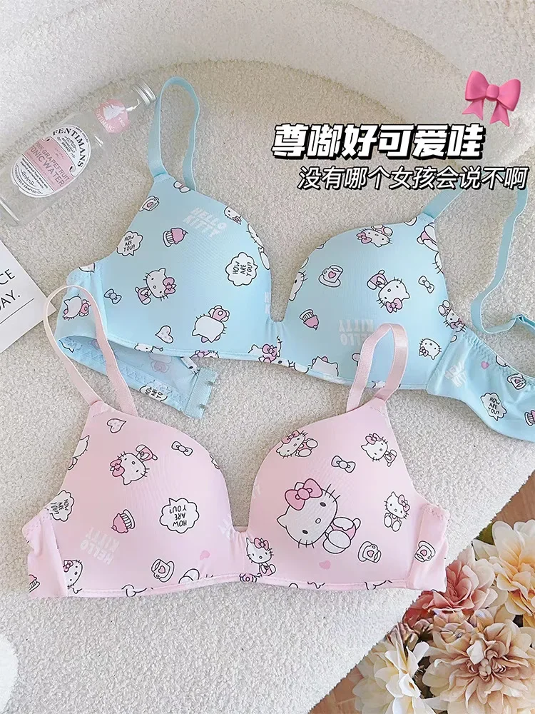 Sanrio Hello Kitty Underwear 2 Pcs Set Women's Thin Style No Steel Ring Triangle Cup Cute Cartoon Sweet American Bra Set