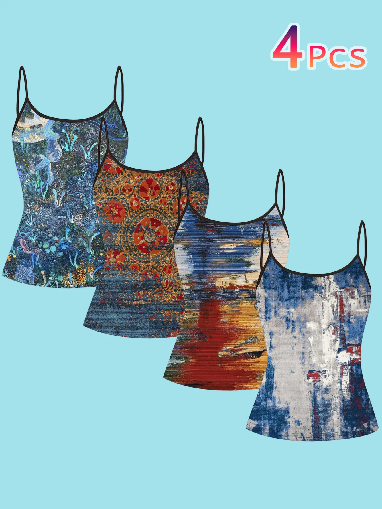 4-Piece Set of Ethnic Style Impressionist Oil Painting Print Camisole Tops for Women, Niche Artistic Slim-Fit Base Layer Outerwear Women's Tops