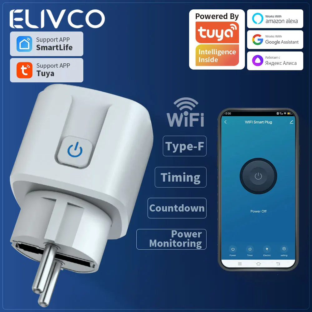 Tuya Smart Plug WiFi EU 16A Smart Socket With Power Monitor Timing Smart Life Support Alexa Google Home Yandex Alice