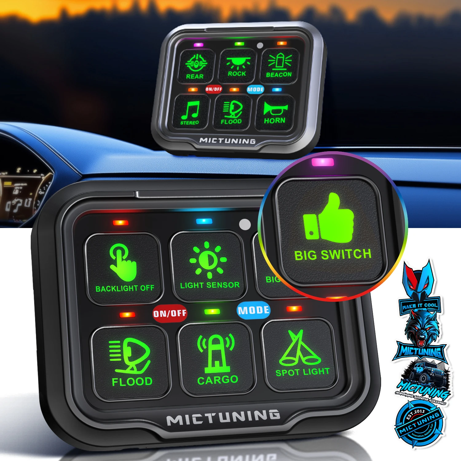 

MICTUNING 6 Gang Switch Panel 12/24V 60A Switch , with Automatic Dimmable On-Off LED Switch Pod Touch Multifunction Switch Box