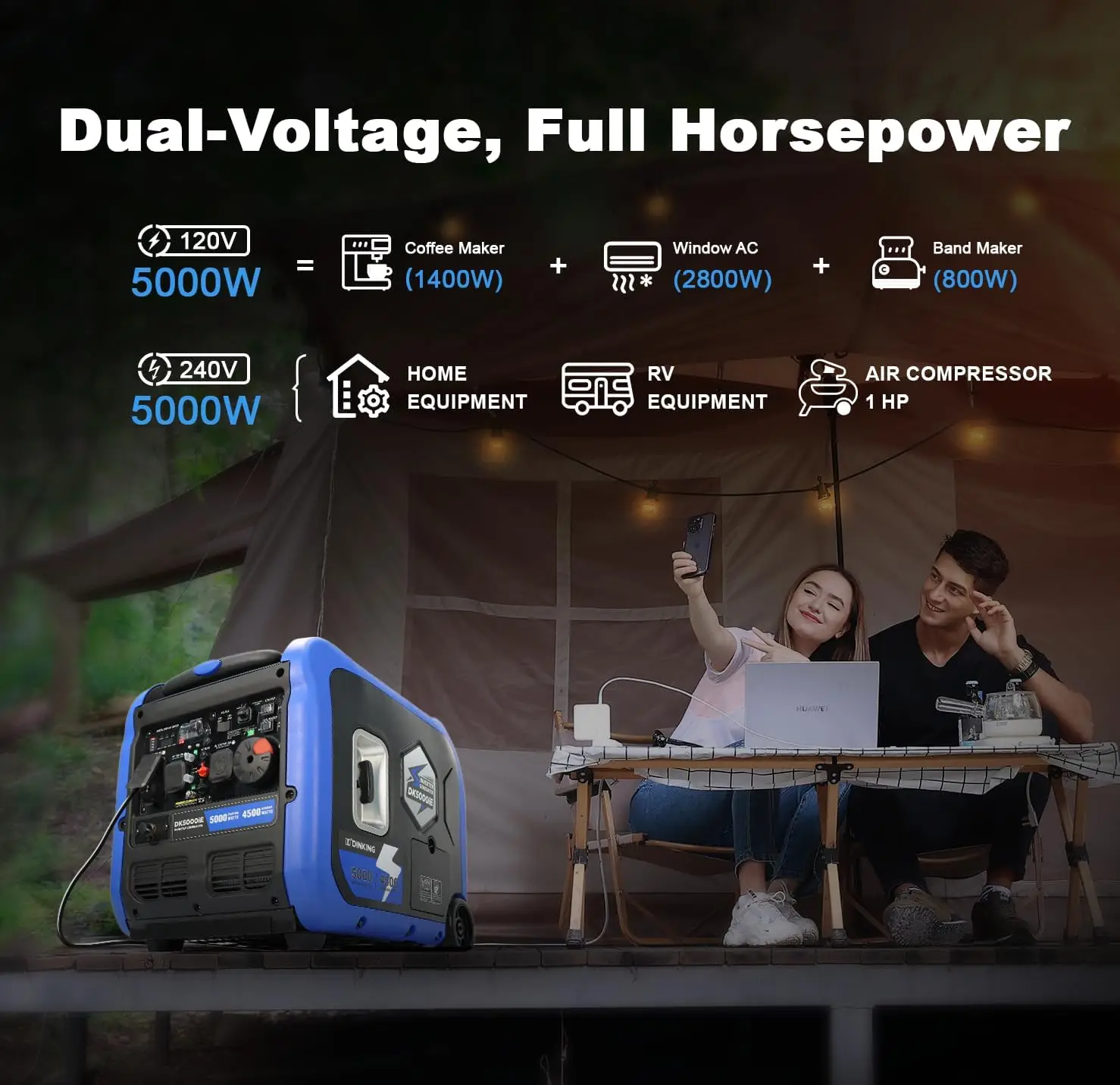 5000W Gas Inverter Generator Electric Start 120V 240V Full Power Output Dual or Tri-fuel Conversion Possible Wheel & Handle Kit