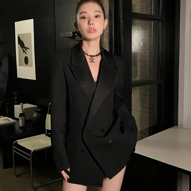 Double-breasted Fashion Tide Jacket Blazer Coat Women Elegant Black Jacket European Style Loose Long Sleeves All-match Outwear