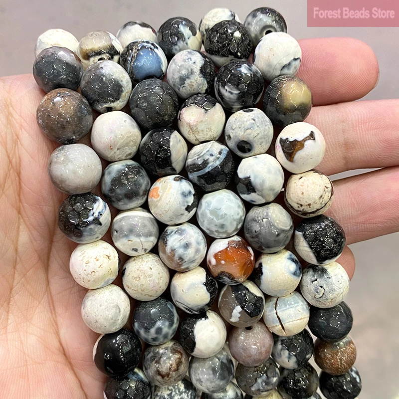 Natural Faceted White Frost Cracked Fire Agates Round Loose Beads 12mm for Jewelry Making Diy Bracelet Ear Studs 15'' Strand