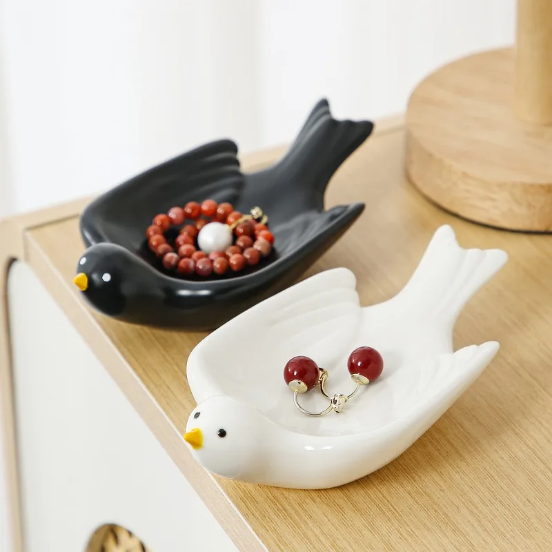 Bird Shaped Ceramic Tray Jewelry Ring Holder Desktop Storage Plate Home Tabletop Decor Ornament
