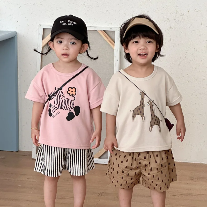 Children's Summer Sports Suit for Boys and Girls2026New summer short-sleeved shorts leopard print giraffe baby clothes