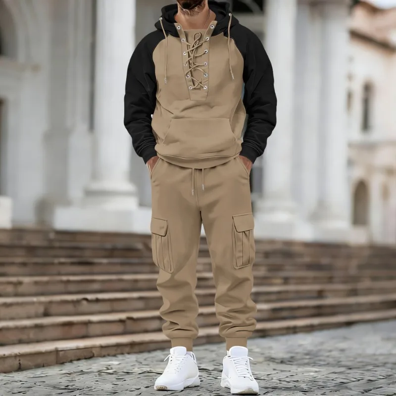 

Men's Color Block Raglan Sleeve Lace Hoodie Cargo Jogger 2 Piece Set Casual Tracksuit