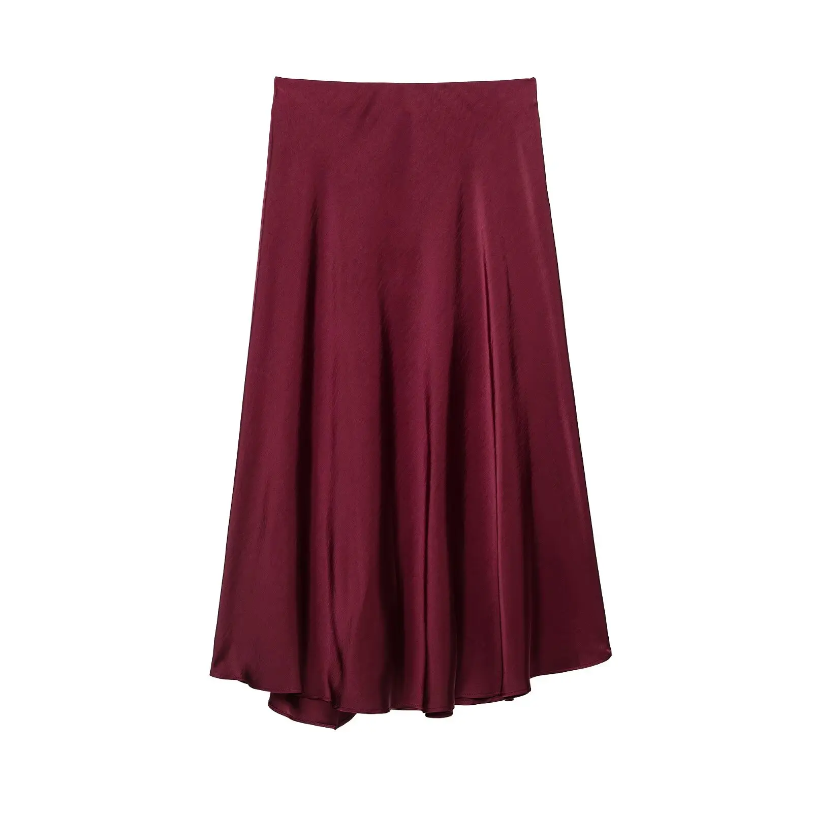 DUOPERI Women Burgundy Satin-Finish Wrap Midi Skirt High Waist Asymmetric Hem Female Chic Lady Elegant Skirt