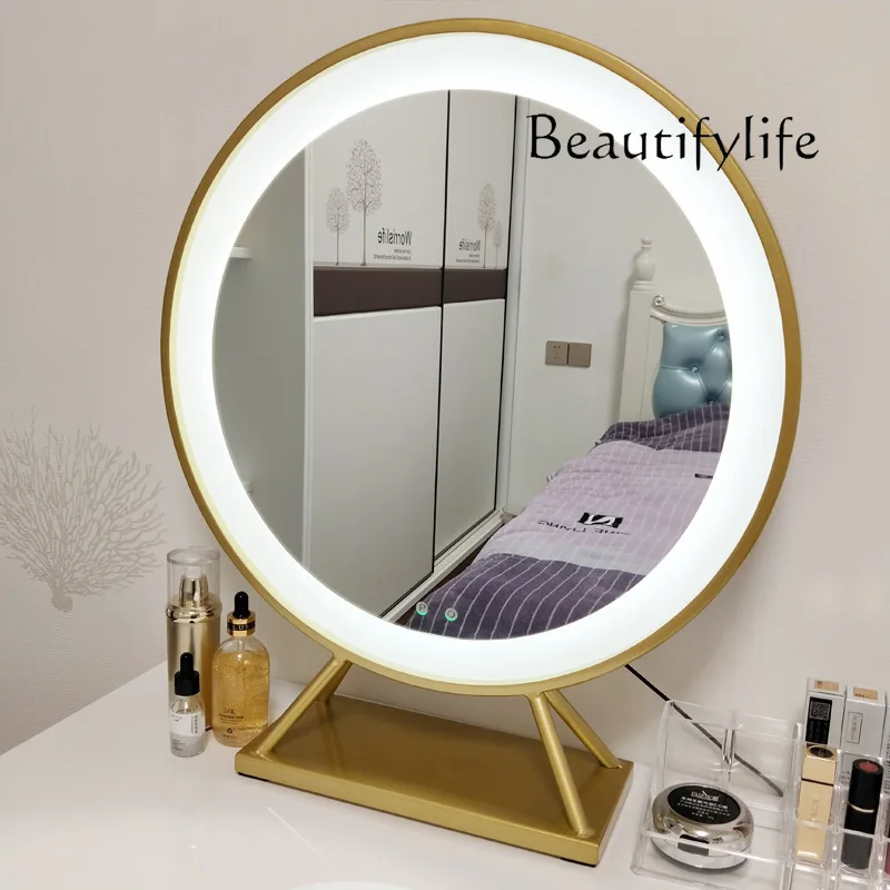 European-style bedroom cosmetic mirror household desktop circular mirror with lamp touch screen luminous cosmetic mirror