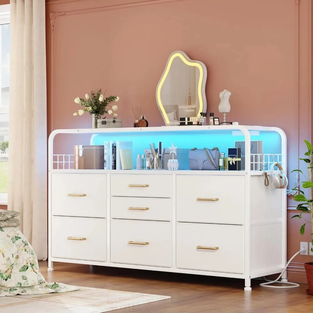 

White Dresser for Bedroom with LED Lights & Charging Station, 7 Drawer Dresser with Open Shelf, Fabric Bedroom Dressers & Chest