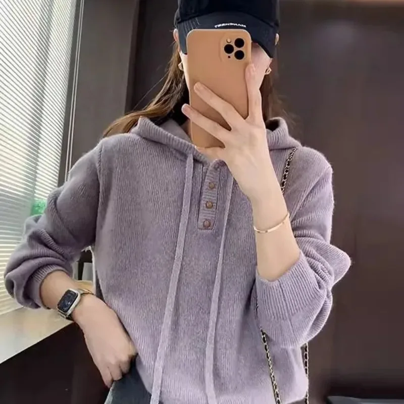 

Purple Hooded Sweater for Women in Fall and Winter Loose Lazy Style Soft Glutinous Button Stitching Inner Base Sweater Top